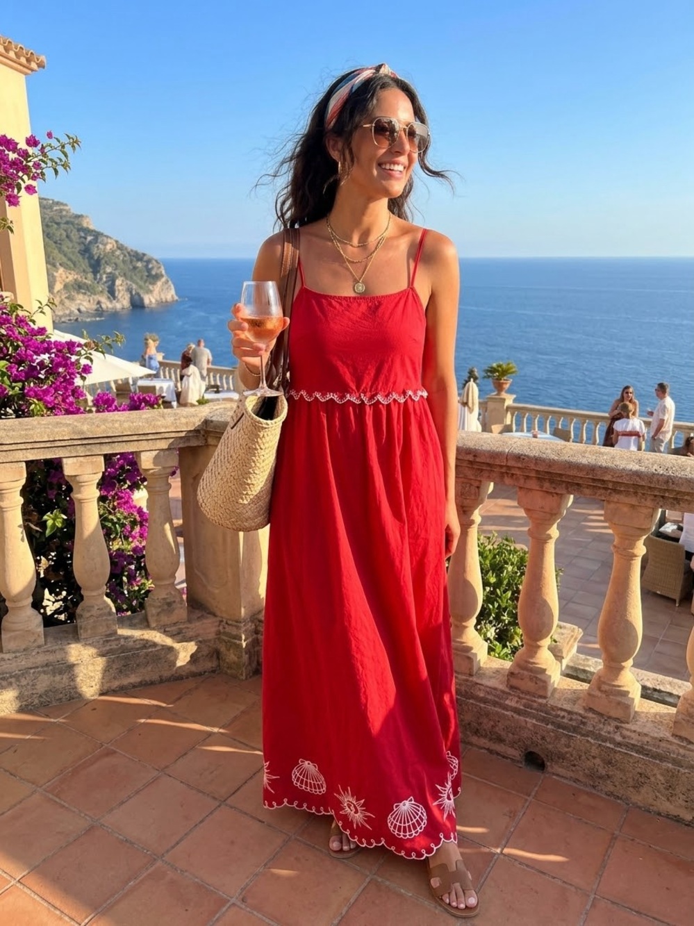 Japna Red Spaghetti-Strap Embroidered Maxi Dress